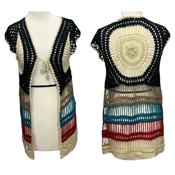 Coco Roja Crochet Vest Womens S Black Multicolor Open Front Cardigan Hippie Boho - Picture 1 of 14
